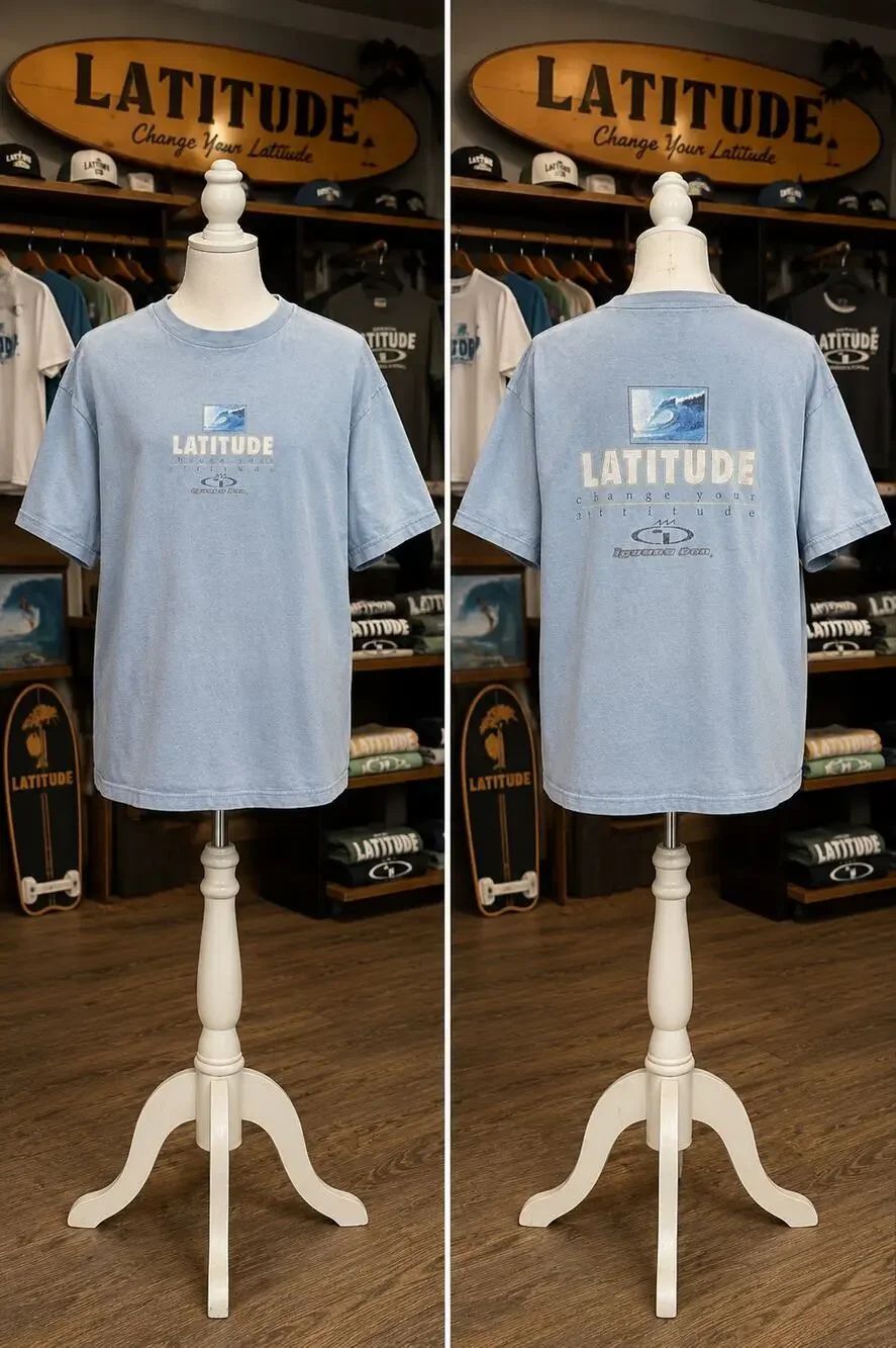 Vintage Latitude Beachwear Boys XL Surf T-Shirt Made in USA Blue Tee
